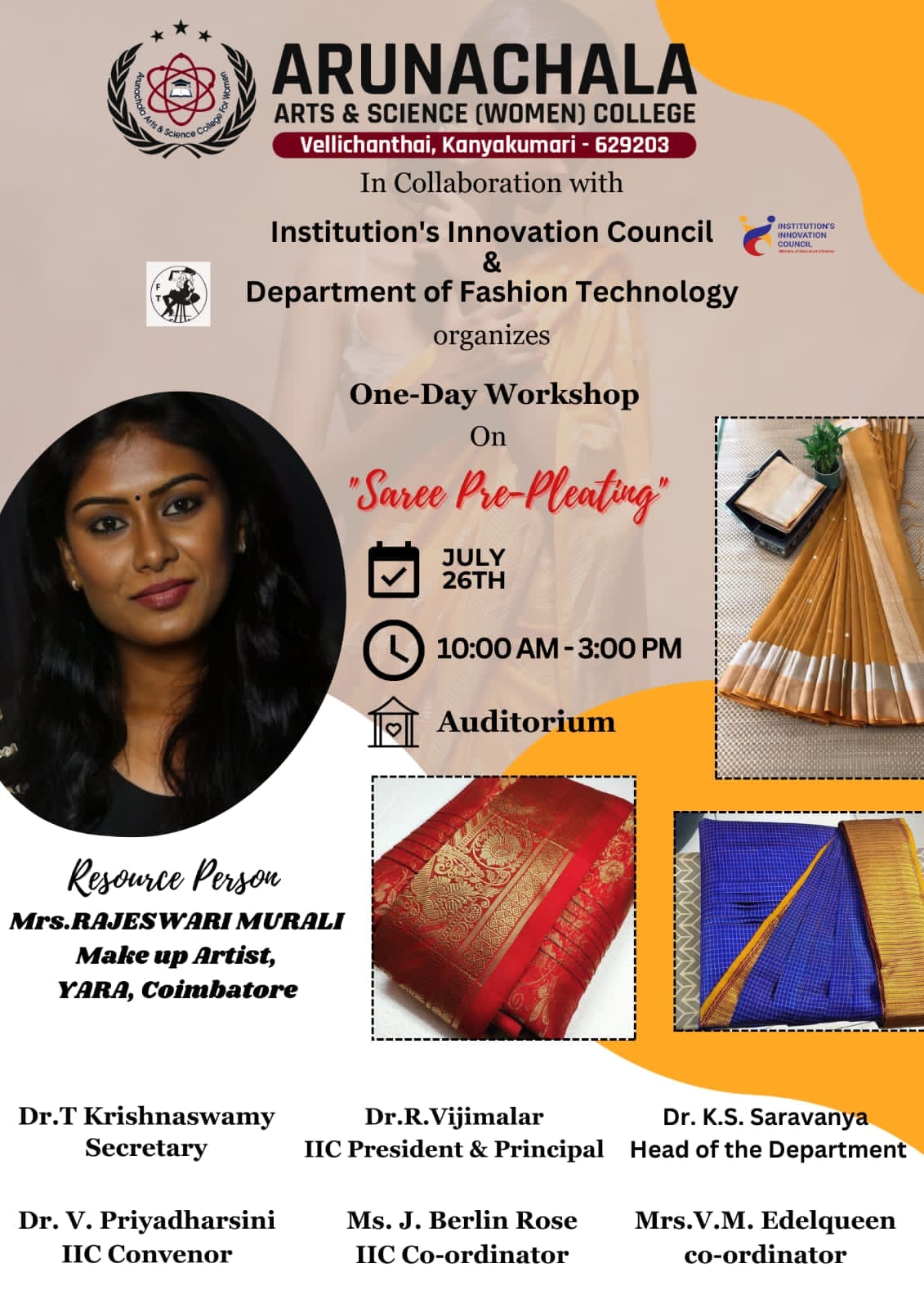 Department of Fashion Technology in collaboration with Institutions Innovation Council organizes One-Day Workshop on Saree Pre-Pleating 